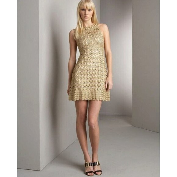 ⭐Diane Von Furstenberg Size S Petite Crochet Adie Dress Gold with Scallop Hem - Picture 1 of 7